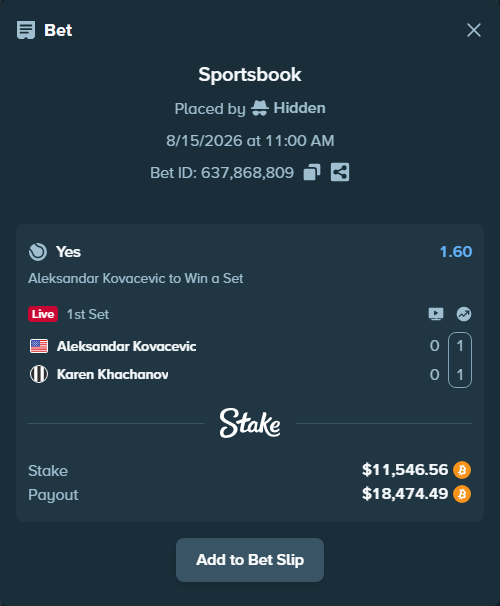 Bet slip: Aleksandar Kovacevic - Karen Khachanov, $11,571.21 stake at 1.60 odds, placed by Hidden