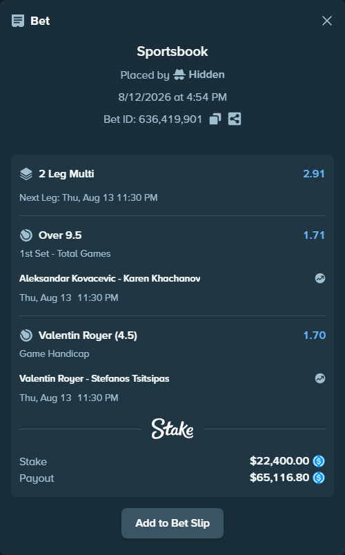 Bet slip: Aleksandar Kovacevic - Karen Khachanov, $22,400.00 stake at 1.71 odds, placed by Hidden