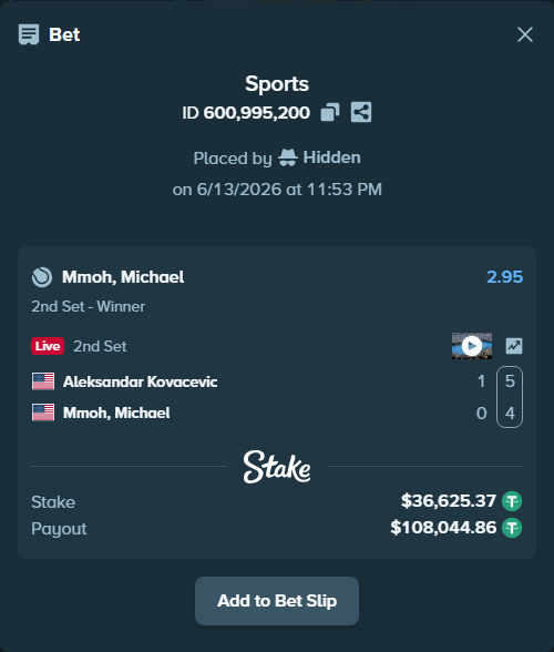 Bet slip: Aleksandar Kovacevic - Mmoh, Michael, $36,662.00 stake at 2.95 odds, placed by Hidden