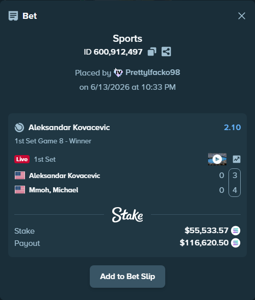 Bet slip: Aleksandar Kovacevic - Mmoh, Michael, $60,009.31 stake at 2.10 odds, placed by Prettylfacko98