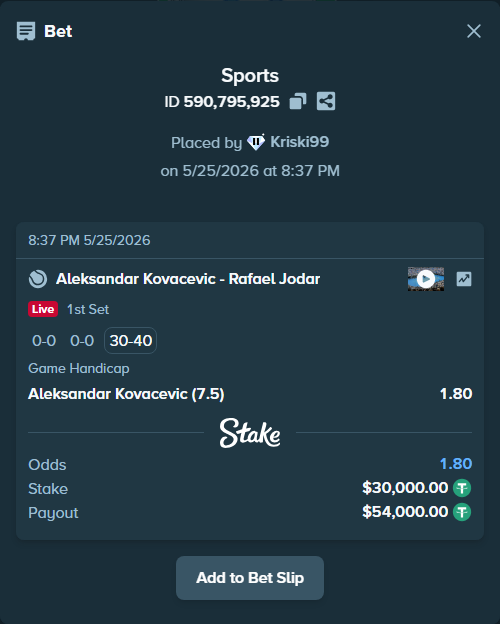 Bet slip: Aleksandar Kovacevic - Rafael Jodar, $30,030.00 stake at 1.80 odds, placed by Kriski99