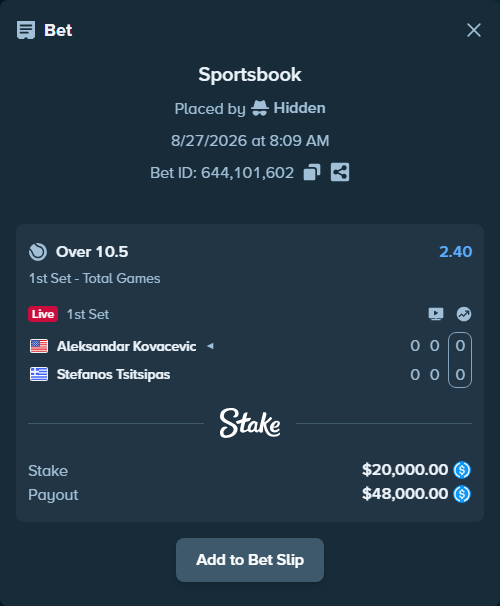 Bet slip: Aleksandar Kovacevic - Stefanos Tsitsipas, $20,000.00 stake at 2.40 odds, placed by Hidden