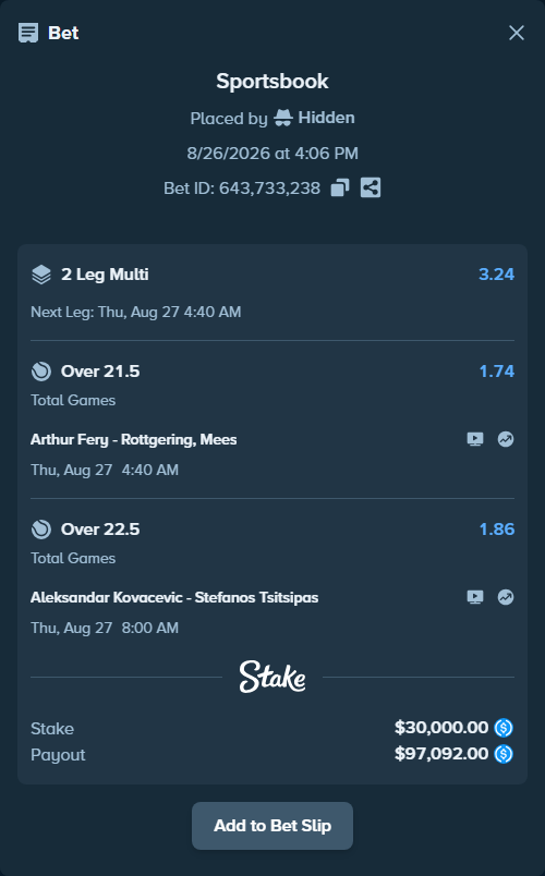 Bet slip: Aleksandar Kovacevic - Stefanos Tsitsipas, $30,000.00 stake at 1.86 odds, placed by Hidden