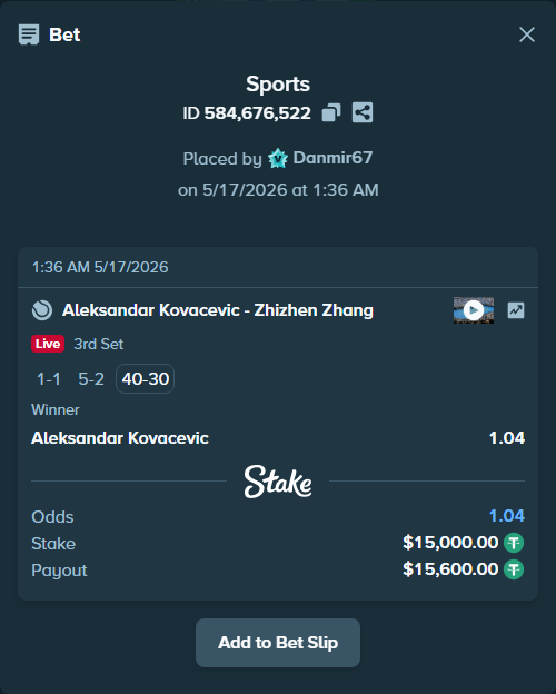 Bet slip: Aleksandar Kovacevic - Zhizhen Zhang, $15,015.00 stake at 1.04 odds, placed by Danmir67