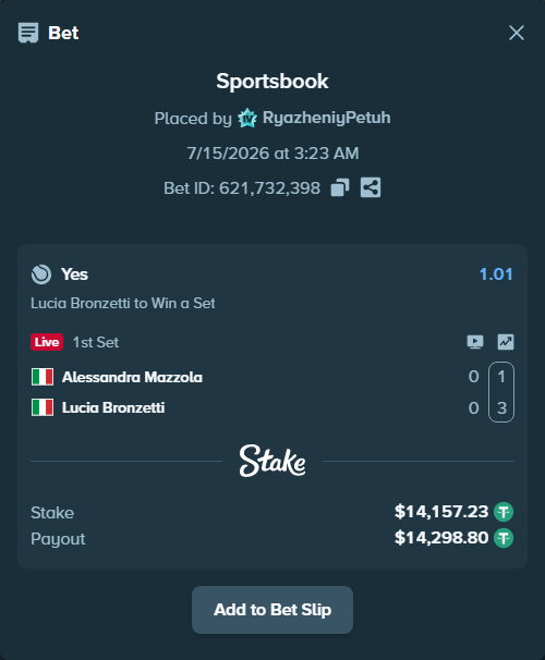 Bet slip: Alessandra Mazzola - Lucia Bronzetti, $14,157.23 stake at 1.01 odds, placed by RyazheniyPetuh