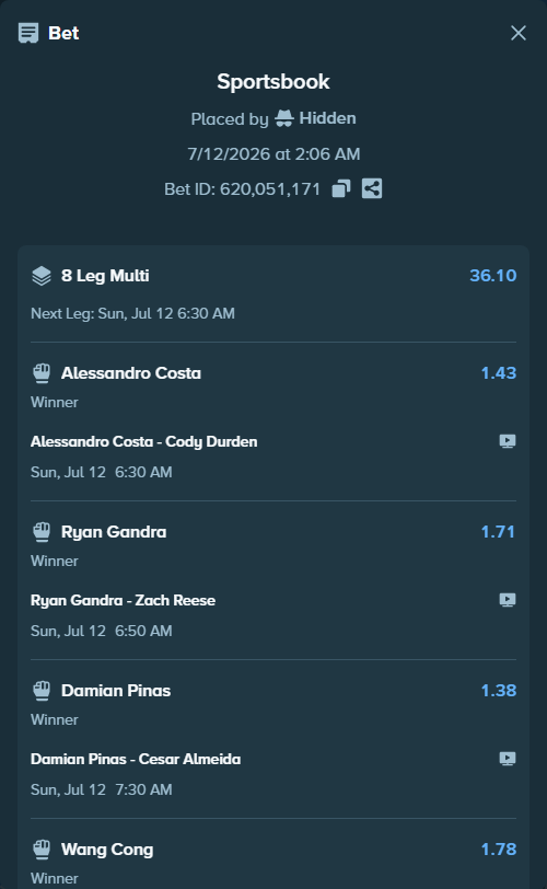 Bet slip: Alessandro Costa - Cody Durden, $32,490.54 stake at 1.43 odds, placed by Hidden