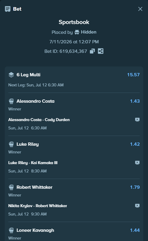 Bet slip: Alessandro Costa - Cody Durden, $85,000.00 stake at 1.43 odds, placed by Hidden
