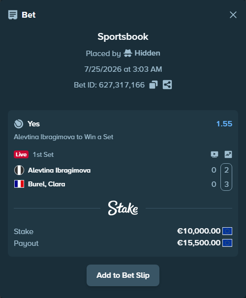 Bet slip: Alevtina Ibragimova - Burel, Clara, $10,800.00 stake at 1.55 odds, placed by Hidden