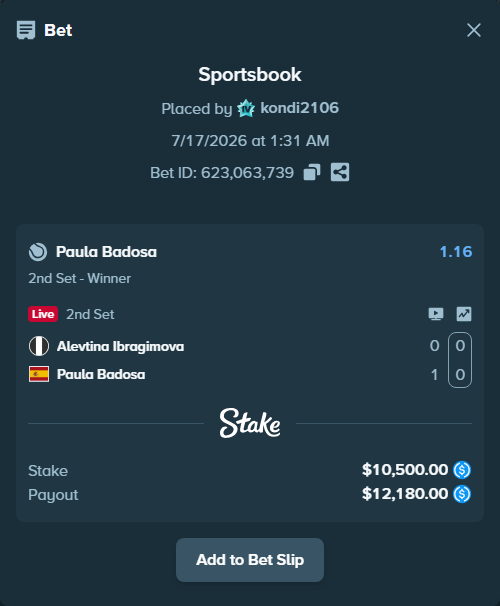 Bet slip: Alevtina Ibragimova - Paula Badosa, $10,500.00 stake at 1.16 odds, placed by kondi2106