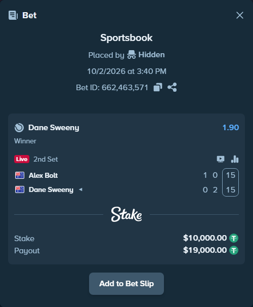 Bet slip: Alex Bolt - Dane Sweeny, $10,000.00 stake at 1.90 odds, placed by Hidden