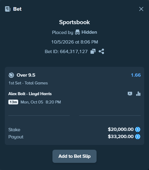 Bet slip: Alex Bolt - Lloyd Harris, $20,000.00 stake at 1.66 odds, placed by Hidden