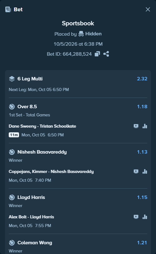 Bet slip: Alex Bolt - Lloyd Harris, $75,000.00 stake at 1.15 odds, placed by OplatekRafal