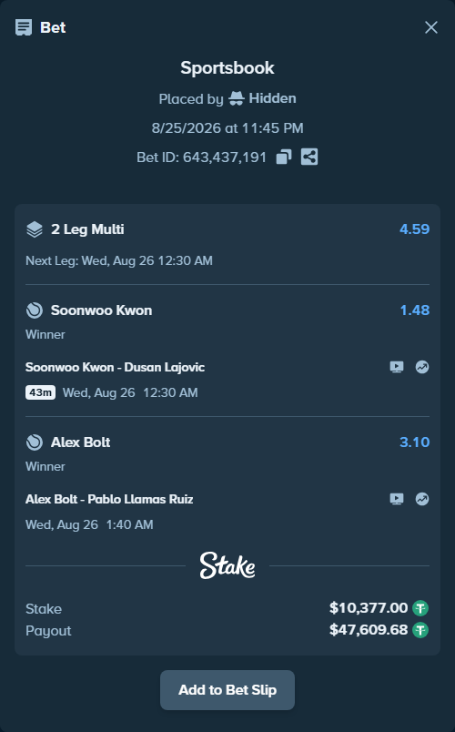 Bet slip: Alex Bolt - Pablo Llamas Ruiz, $10,377.00 stake at 3.10 odds, placed by Hidden