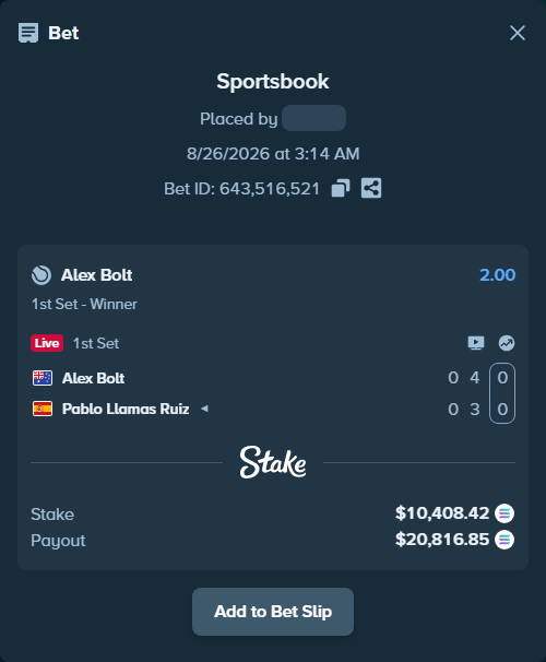 Bet slip: Alex Bolt - Pablo Llamas Ruiz, $10,474.66 stake at 2.00 odds, placed by Zolyx911