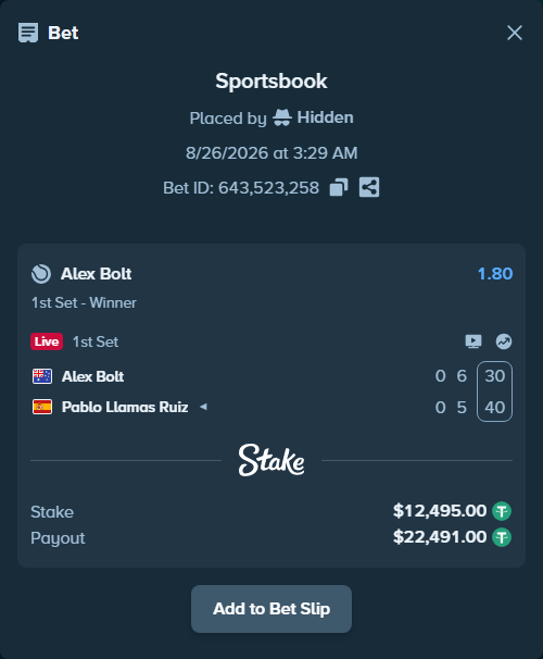 Bet slip: Alex Bolt - Pablo Llamas Ruiz, $12,495.00 stake at 1.80 odds, placed by Hidden