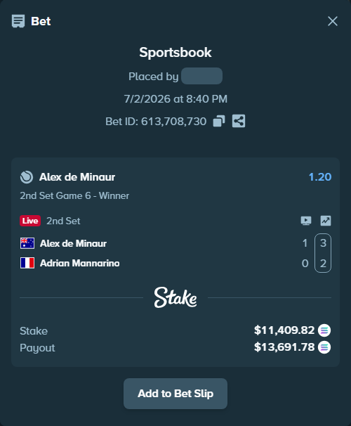 Bet slip: Alex de Minaur - Adrian Mannarino, $11,491.50 stake at 1.20 odds, placed by Prettylfacko98