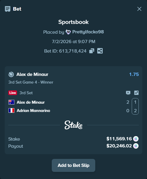 Bet slip: Alex de Minaur - Adrian Mannarino, $11,571.01 stake at 1.75 odds, placed by Prettylfacko98