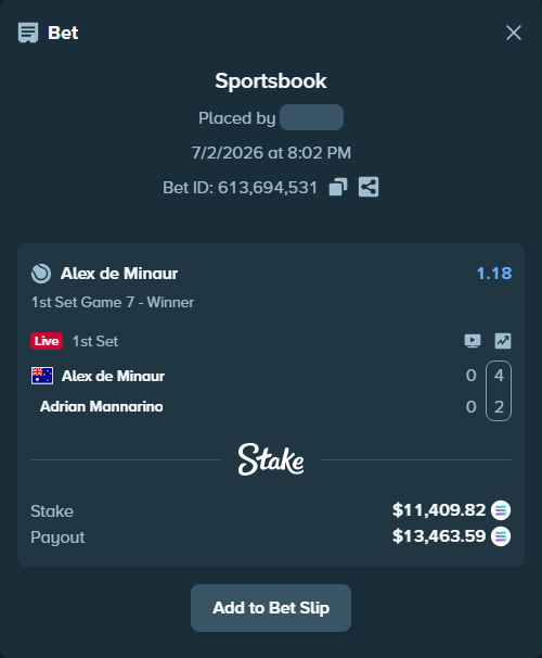 Bet slip: Alex de Minaur - Adrian Mannarino, $11,782.07 stake at 1.18 odds, placed by Prettylfacko98