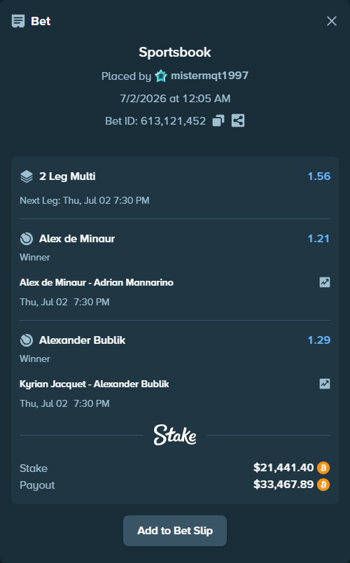 Bet slip: Alex de Minaur - Adrian Mannarino, $22,467.22 stake at 1.21 odds, placed by mistermqt1997