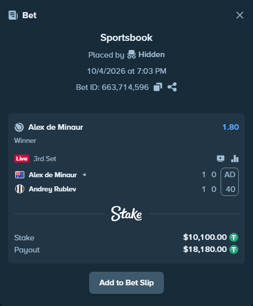 Bet slip: Alex de Minaur - Andrey Rublev, $10,100.00 stake at 1.80 odds, placed by Hidden