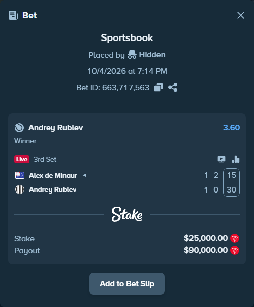 Bet slip: Alex de Minaur - Andrey Rublev, $25,047.28 stake at 3.60 odds, placed by Hidden