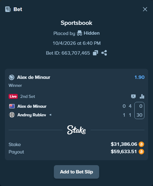 Bet slip: Alex de Minaur - Andrey Rublev, $31,420.38 stake at 1.90 odds, placed by Hidden