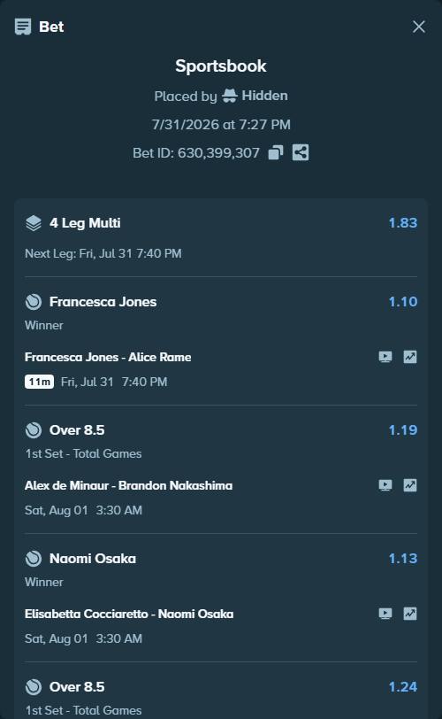 Bet slip: Alex de Minaur - Brandon Nakashima, $125,125.00 stake at 1.19 odds, placed by Hidden