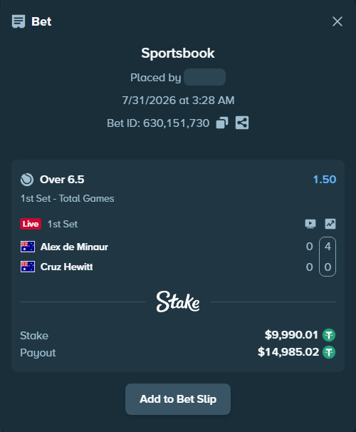 Bet slip: Alex de Minaur - Cruz Hewitt, $10,000.00 stake at 1.50 odds, placed by Riot121
