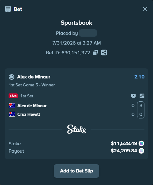 Bet slip: Alex de Minaur - Cruz Hewitt, $11,217.82 stake at 2.10 odds, placed by Mashko21