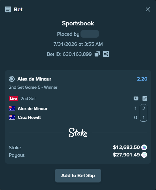 Bet slip: Alex de Minaur - Cruz Hewitt, $12,340.72 stake at 2.20 odds, placed by Mashko21