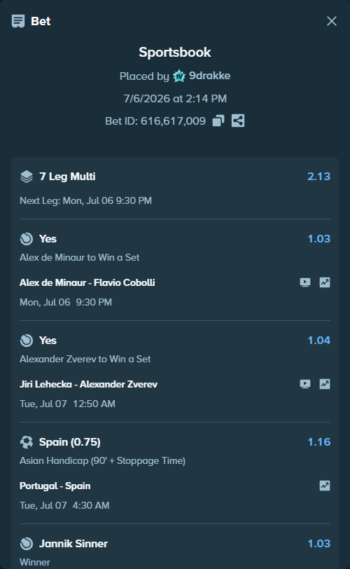 Bet slip: Alex de Minaur - Flavio Cobolli, $14,010.00 stake at 1.03 odds, placed by 9drakke