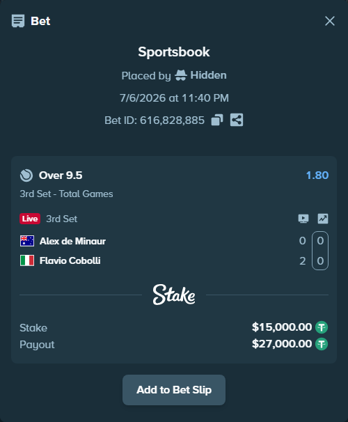 Bet slip: Alex de Minaur - Flavio Cobolli, $15,015.00 stake at 1.80 odds, placed by Hidden