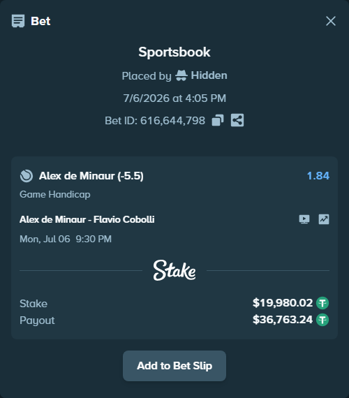Bet slip: Alex de Minaur - Flavio Cobolli, $20,000.00 stake at 1.84 odds, placed by Hidden