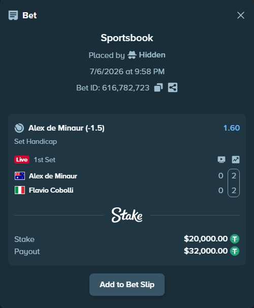 Bet slip: Alex de Minaur - Flavio Cobolli, $20,020.00 stake at 1.60 odds, placed by Hidden