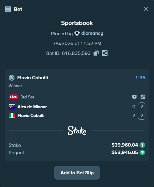 Bet slip: Alex de Minaur - Flavio Cobolli, $40,000.00 stake at 1.35 odds, placed by diomancy