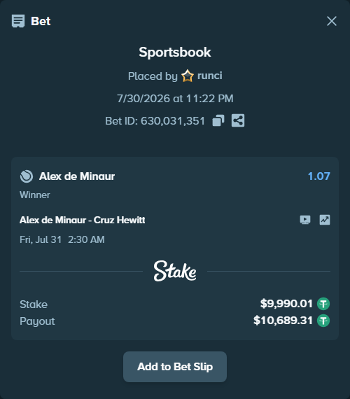 Bet slip: Alex de Minaur - Hewitt, Cruz, $10,000.00 stake at 1.07 odds, placed by runci