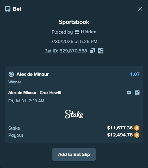 Bet slip: Alex de Minaur - Hewitt, Cruz, $11,747.75 stake at 1.07 odds, placed by Hidden