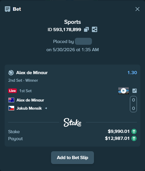 Bet slip: Alex de Minaur - Jakub Mensik, $10,000.00 stake at 1.30 odds, placed by Zezula1