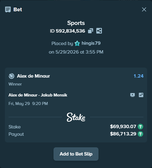 Bet slip: Alex de Minaur - Jakub Mensik, $70,000.00 stake at 1.24 odds, placed by hingis79