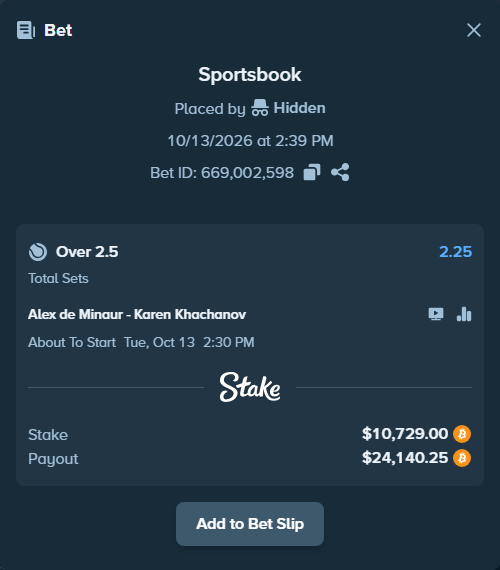 Bet slip: Alex de Minaur - Karen Khachanov, $10,760.12 stake at 2.25 odds, placed by Hidden