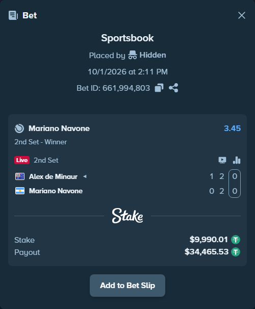 Bet slip: Alex de Minaur - Mariano Navone, $10,000.00 stake at 3.45 odds, placed by Hidden