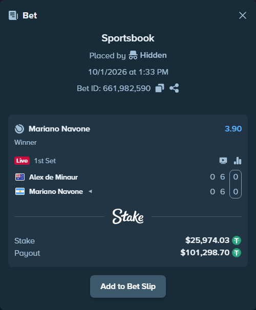 Bet slip: Alex de Minaur - Mariano Navone, $26,000.00 stake at 3.90 odds, placed by Hidden