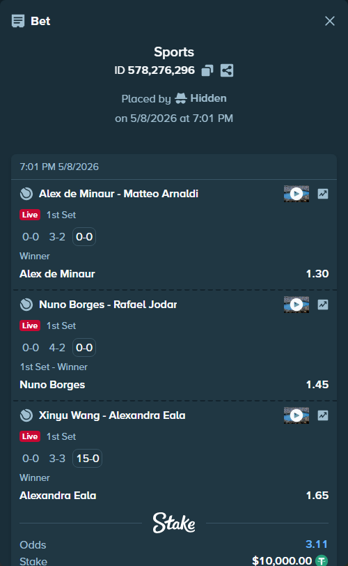 Bet slip: Alex de Minaur - Matteo Arnaldi, $10,000.00 stake at 1.30 odds, placed by Hidden