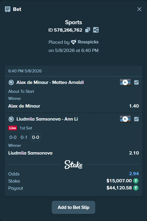 Bet slip: Alex de Minaur - Matteo Arnaldi, $15,007.00 stake at 1.40 odds, placed by Rosspicks