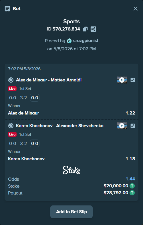 Bet slip: Alex de Minaur - Matteo Arnaldi, $20,000.00 stake at 1.22 odds, placed by crazypianist