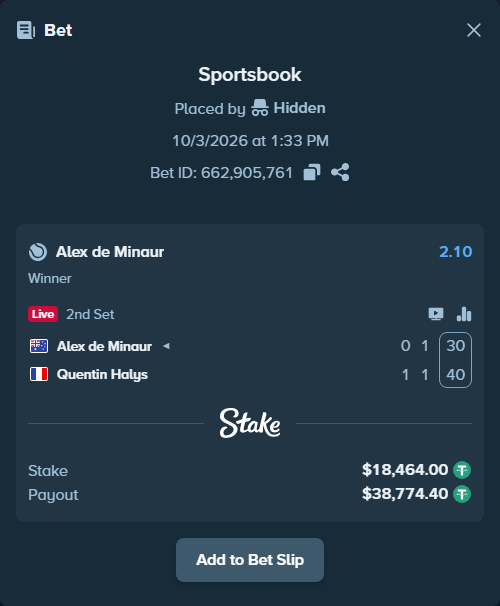 Bet slip: Alex de Minaur - Quentin Halys, $18,464.00 stake at 2.10 odds, placed by Hidden
