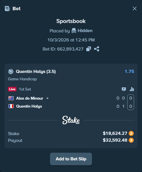 Bet slip: Alex de Minaur - Quentin Halys, $18,626.39 stake at 1.75 odds, placed by Hidden