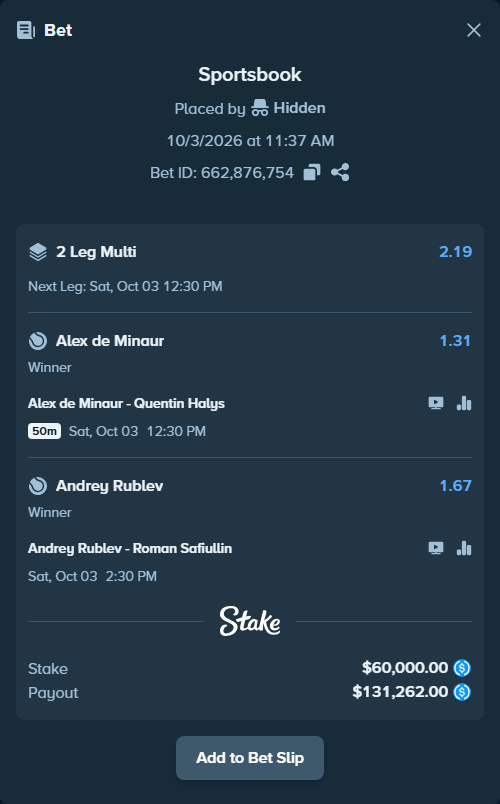 Bet slip: Alex de Minaur - Quentin Halys, $60,000.00 stake at 1.31 odds, placed by Hidden