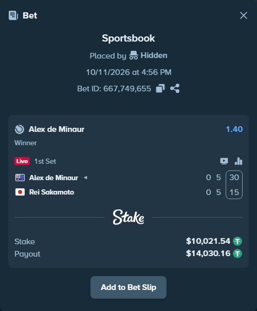 Bet slip: Alex de Minaur - Rei Sakamoto, $10,031.56 stake at 1.40 odds, placed by luckysevenfr