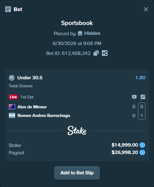 Bet slip: Alex de Minaur - Roman Andres Burrachaga, $14,999.00 stake at 1.80 odds, placed by Hidden